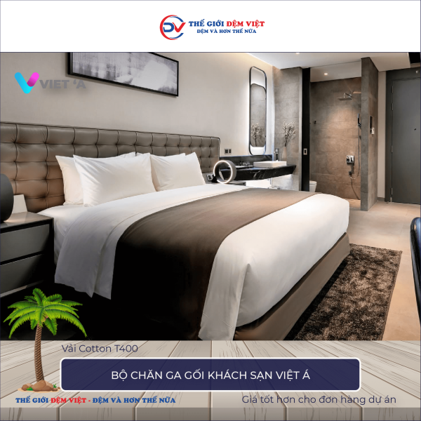 Bộ chăn ga gối khách sạn Việt Á vải Cotton T400-3